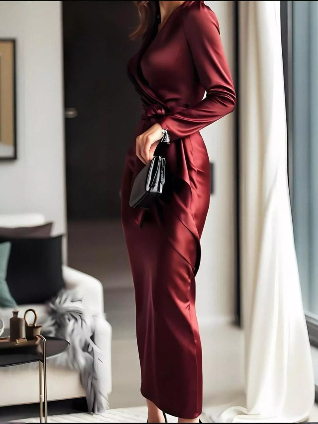 Surplice Satin Long Sleeve Dress.