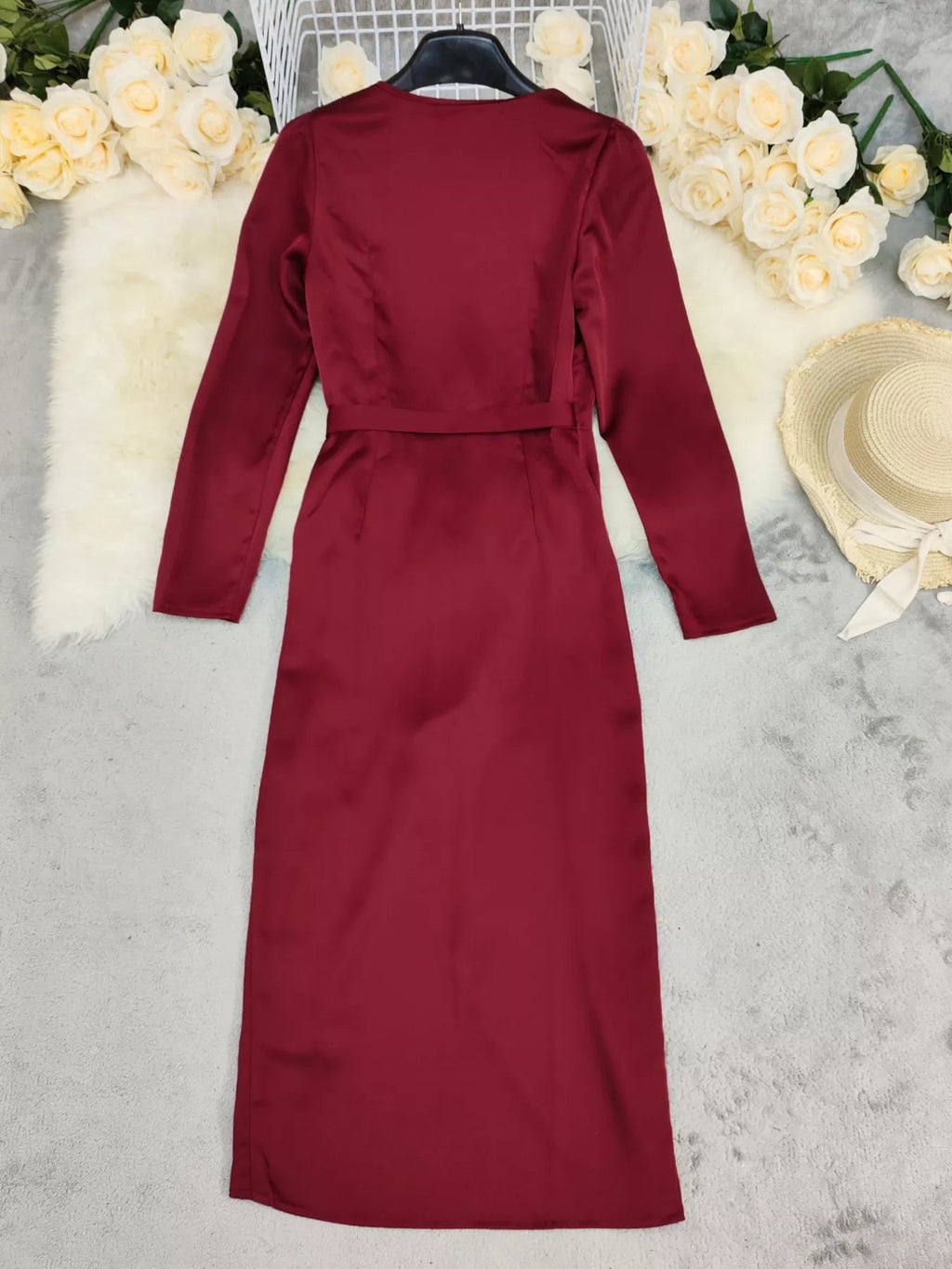 Surplice Satin Long Sleeve Dress.
