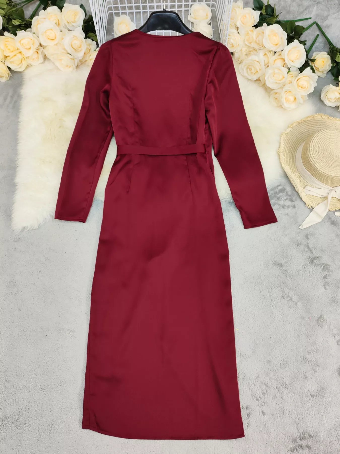 Surplice Satin Long Sleeve Dress.