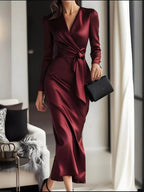 Surplice Satin Long Sleeve Dress.
