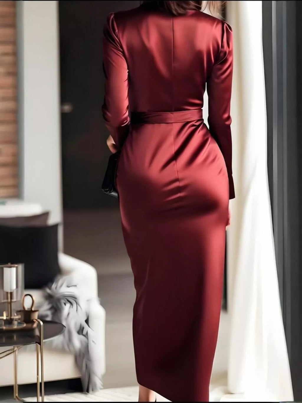 Surplice Satin Long Sleeve Dress.