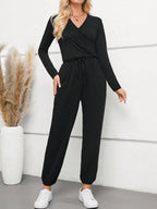 Surplice Tie Waist Long Sleeve Jumpsuit.