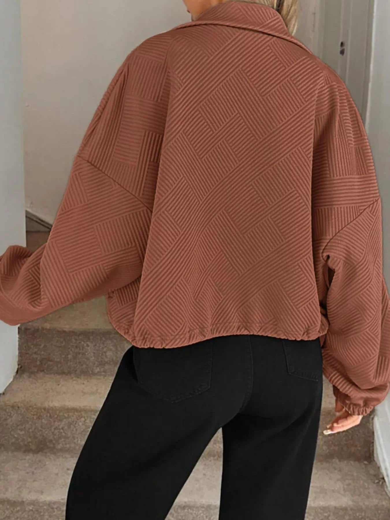 Textured Zip - Up Drawstring Hem Jacket