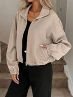 Textured Zip-Up Drawstring Hem Jacket.