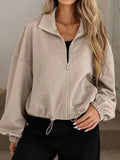 Textured Zip-Up Drawstring Hem Jacket.