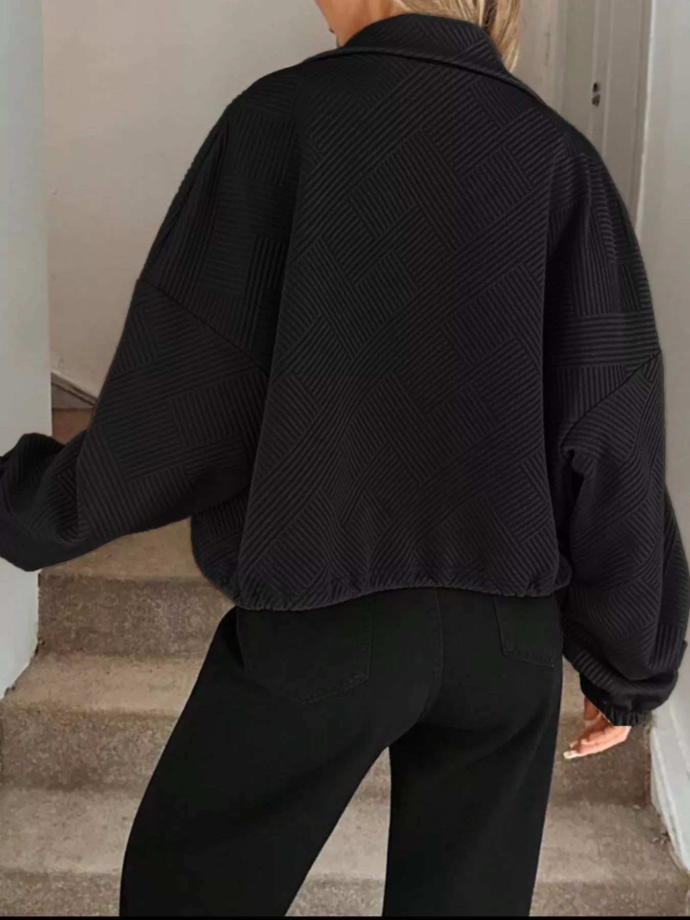 Textured Zip-Up Drawstring Hem Jacket.