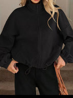 Textured Zip-Up Drawstring Hem Jacket.