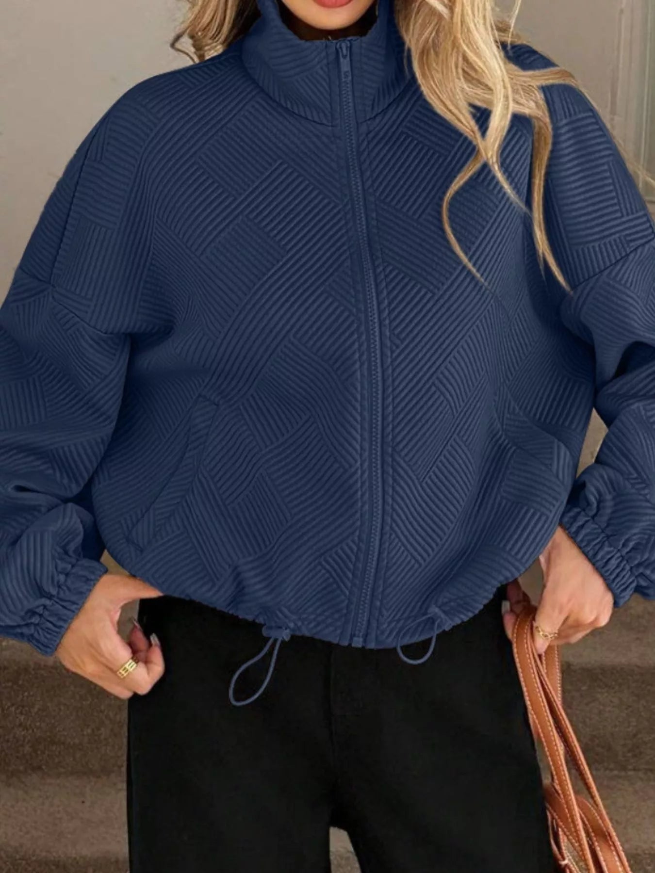 Textured Zip-Up Drawstring Hem Jacket.