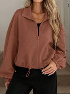 Textured Zip - Up Drawstring Hem Jacket