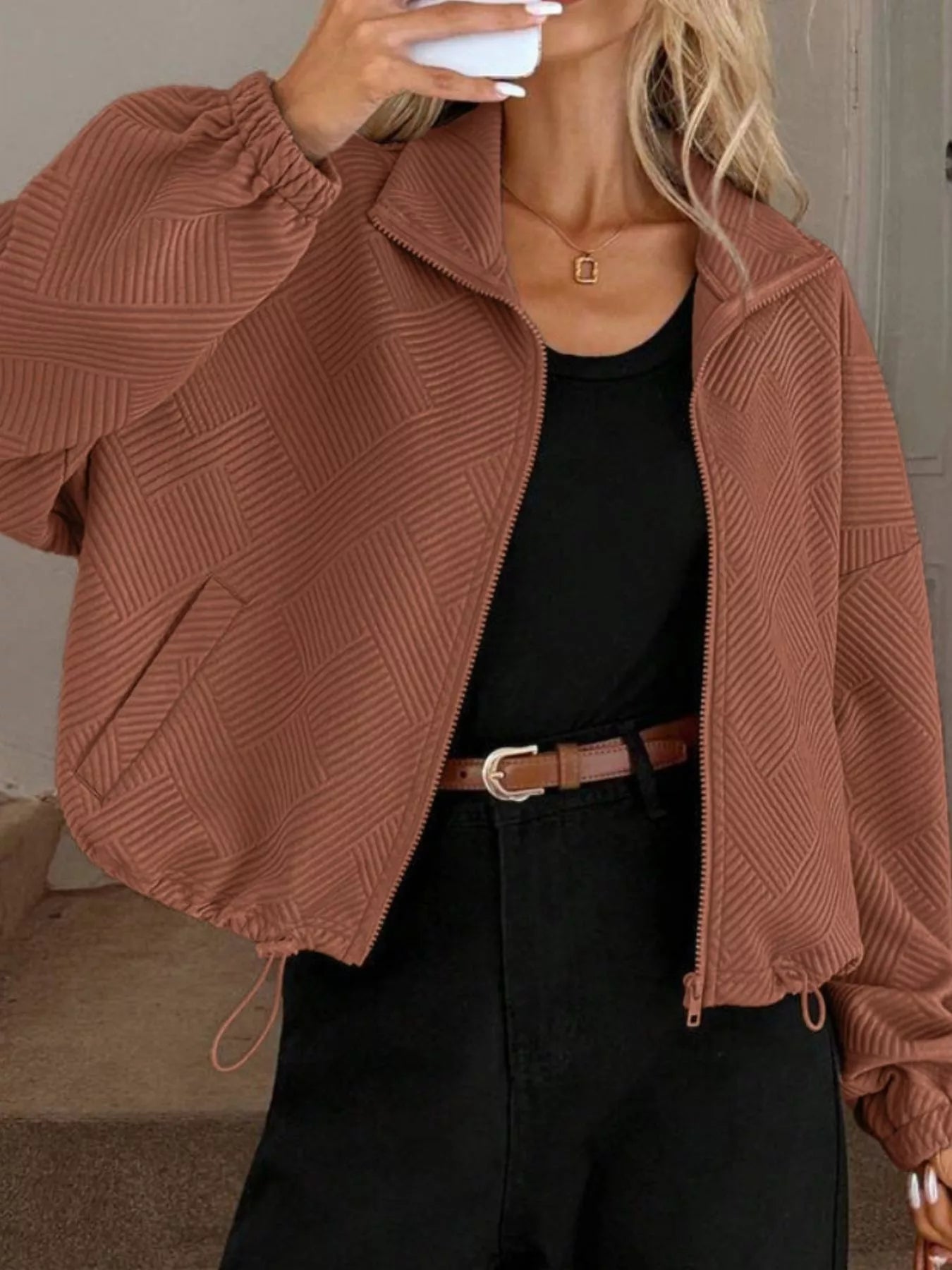 Textured Zip - Up Drawstring Hem Jacket