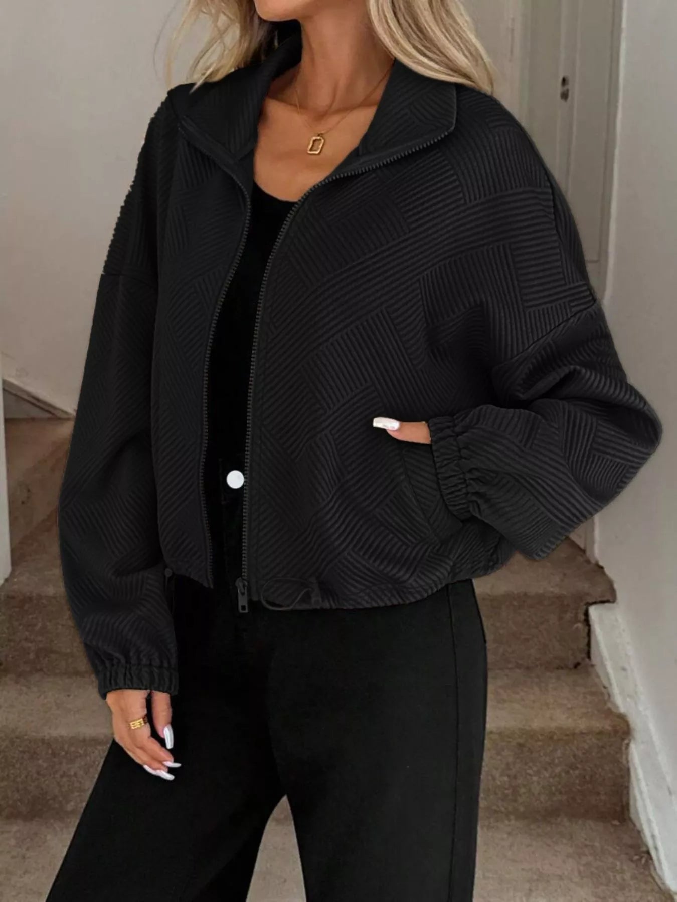 Textured Zip-Up Drawstring Hem Jacket.