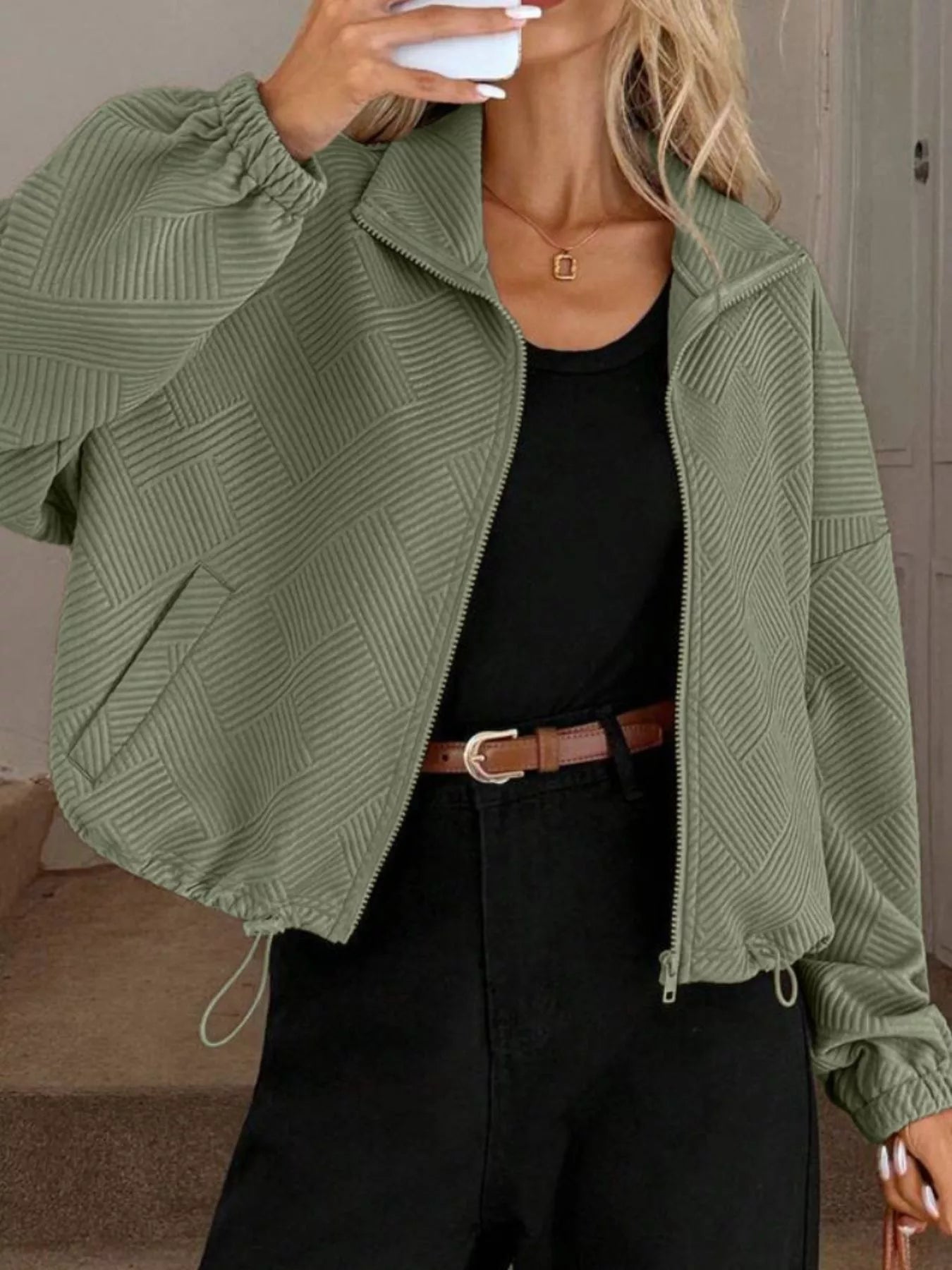 Textured Zip-Up Drawstring Hem Jacket.