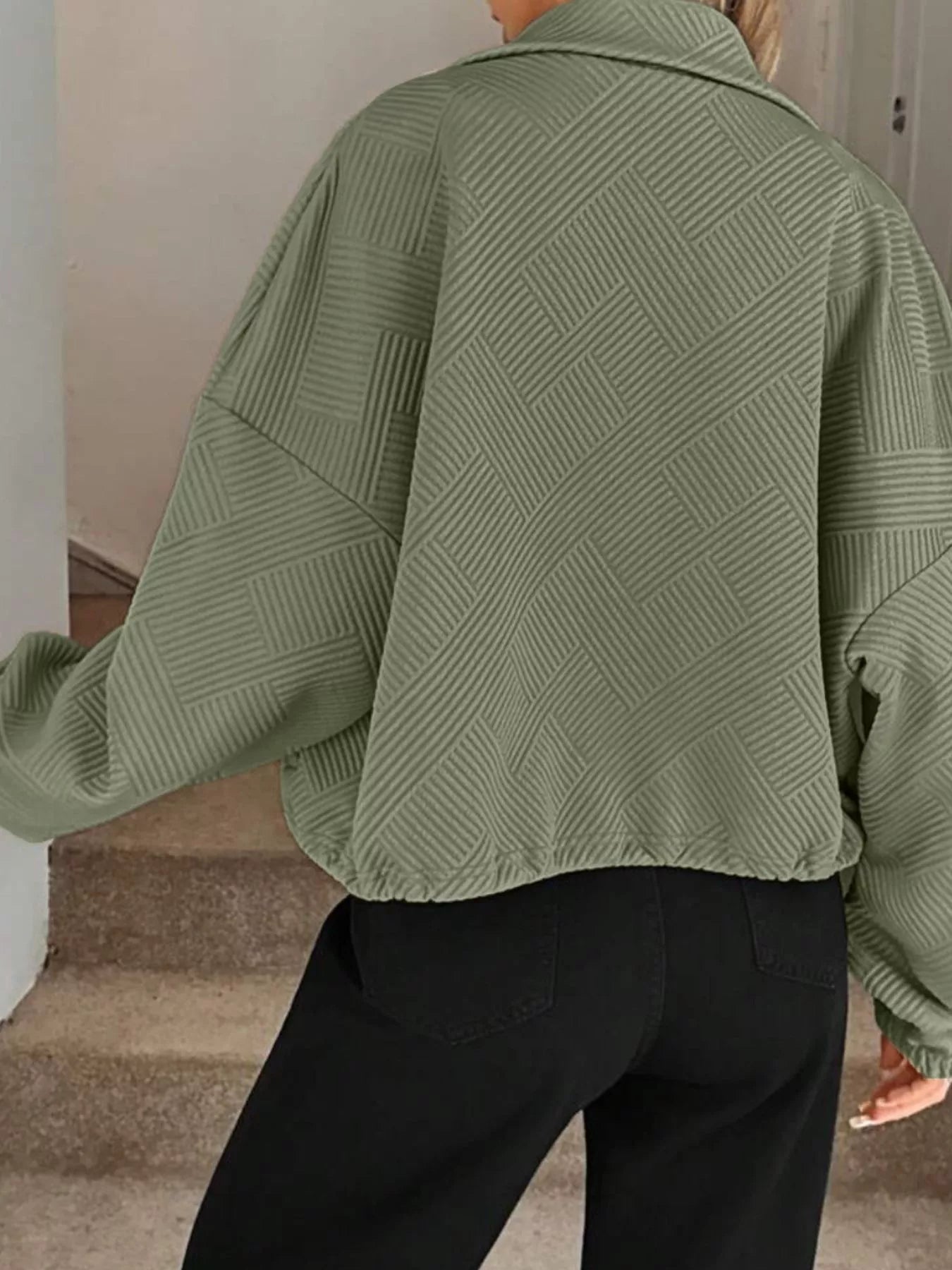 Textured Zip-Up Drawstring Hem Jacket.