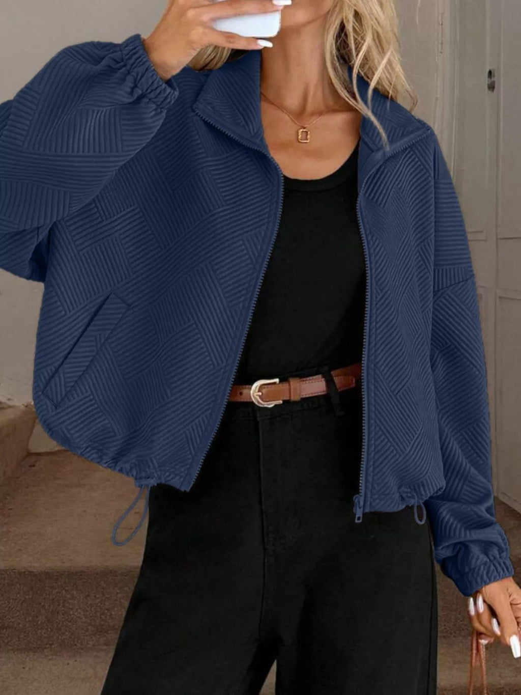 Textured Zip-Up Drawstring Hem Jacket.