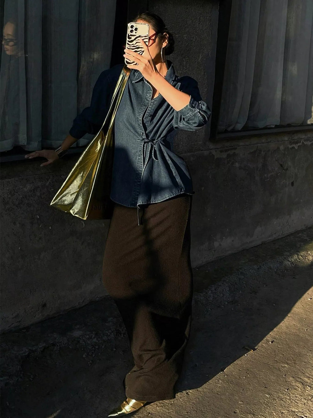 Tie-Waist Long Sleeve Denim Jacket.