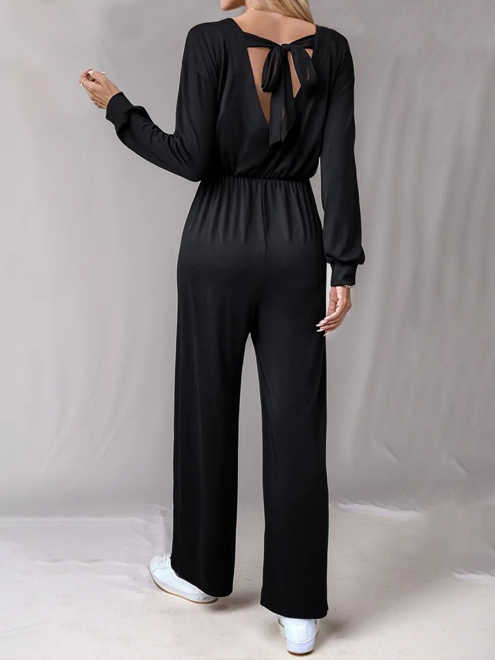 Tied Round Neck Wide Leg Jumpsuit.