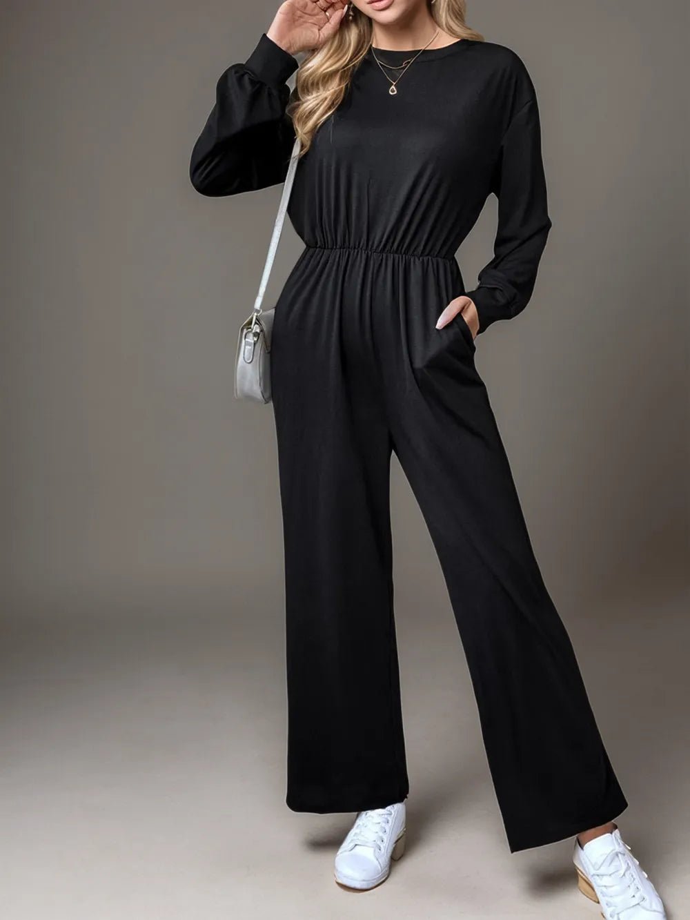 Tied Round Neck Wide Leg Jumpsuit.