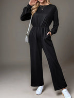 Tied Round Neck Wide Leg Jumpsuit.