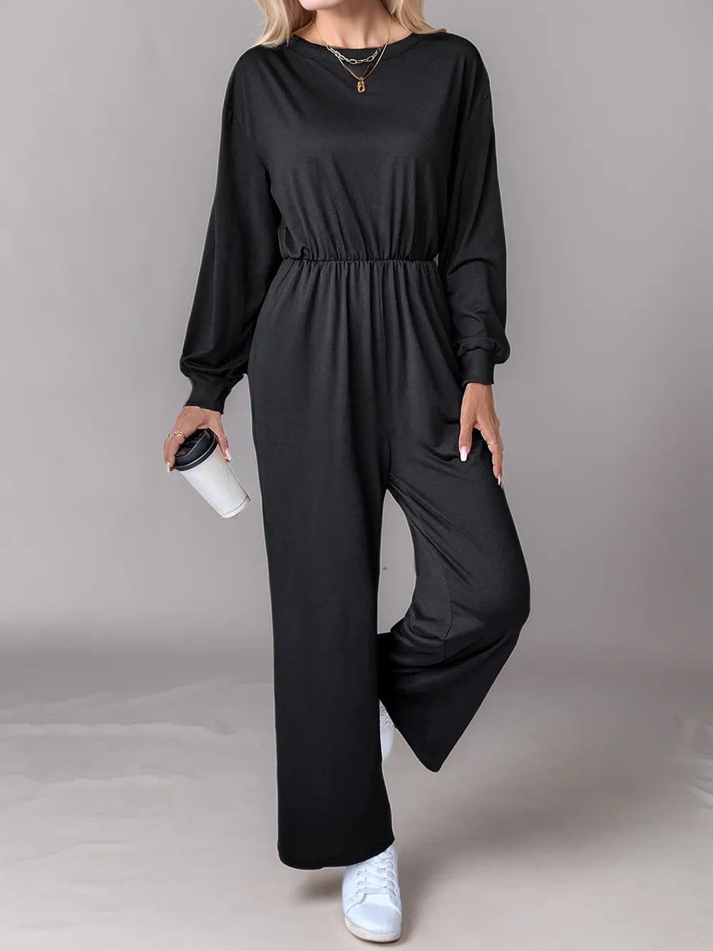 Tied Round Neck Wide Leg Jumpsuit.