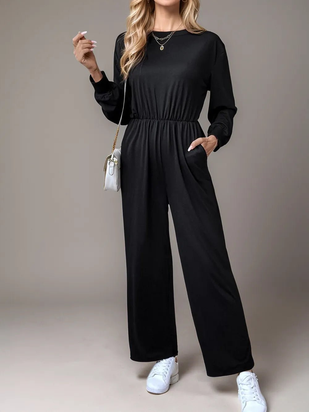 Tied Round Neck Wide Leg Jumpsuit.