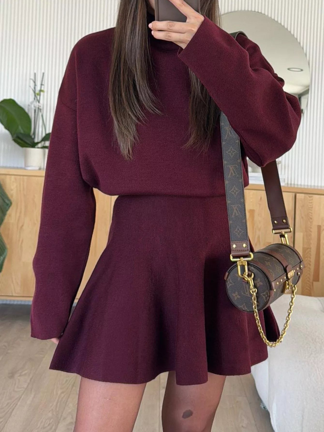 Turtleneck Dropped Shoulder Sweater and Skirt Set.