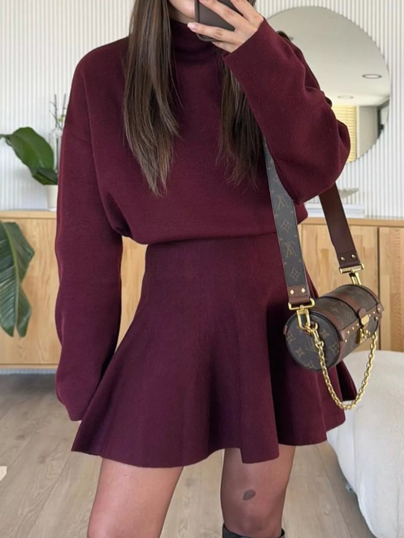 Turtleneck Dropped Shoulder Sweater and Skirt Set.