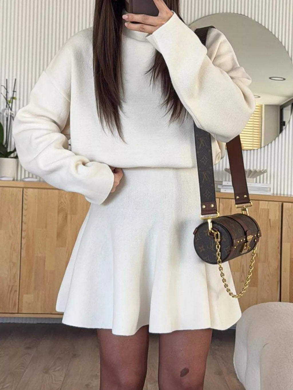 Turtleneck Dropped Shoulder Sweater and Skirt Set.