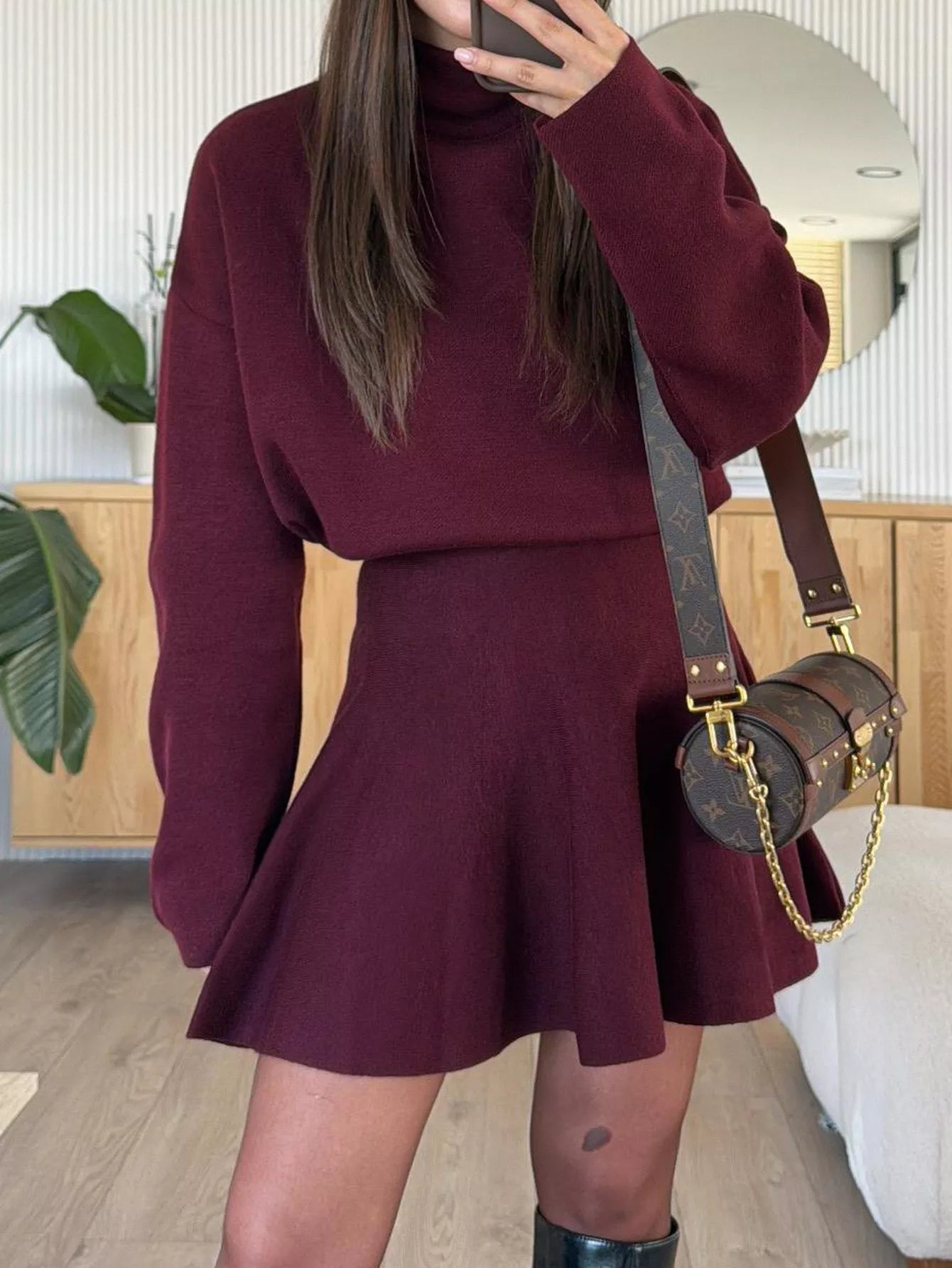 Turtleneck Dropped Shoulder Sweater and Skirt Set.