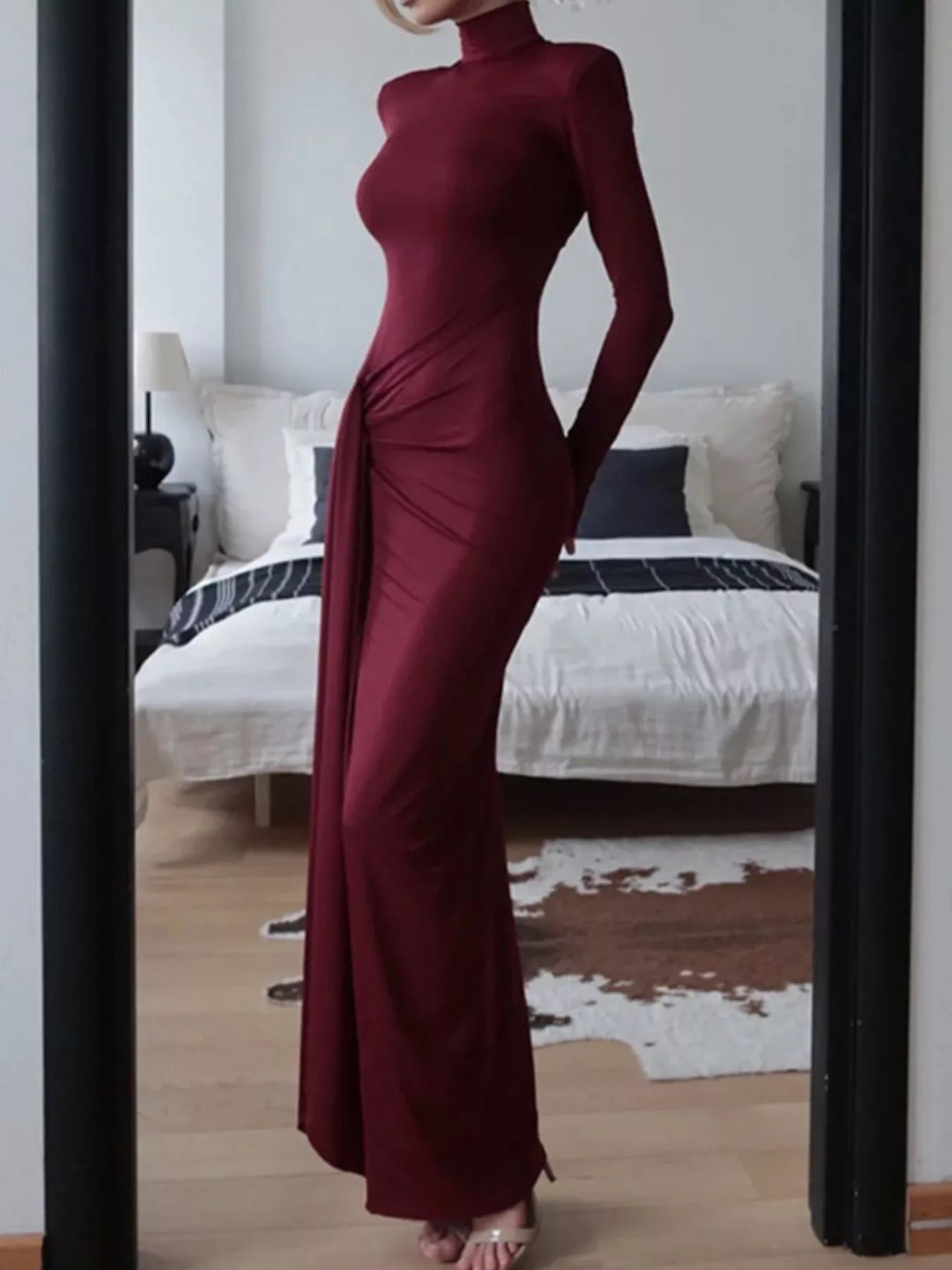 Turtleneck Long Sleeve Slit Maxi Dress.