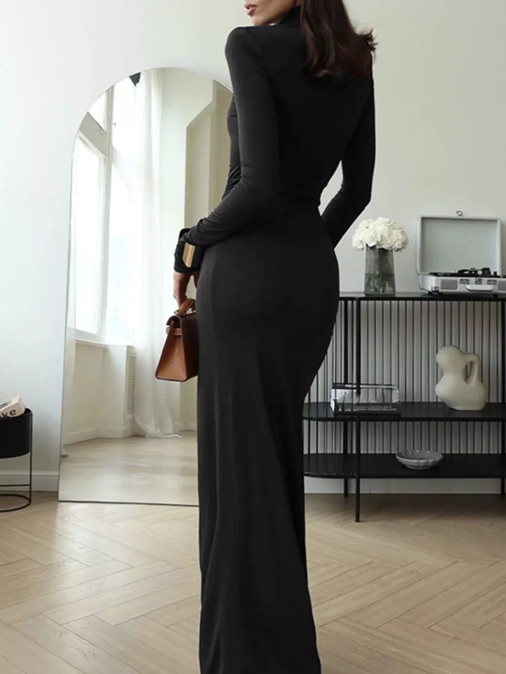 Turtleneck Long Sleeve Slit Maxi Dress.