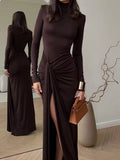 Turtleneck Long Sleeve Slit Maxi Dress.