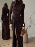Turtleneck Long Sleeve Slit Maxi Dress.