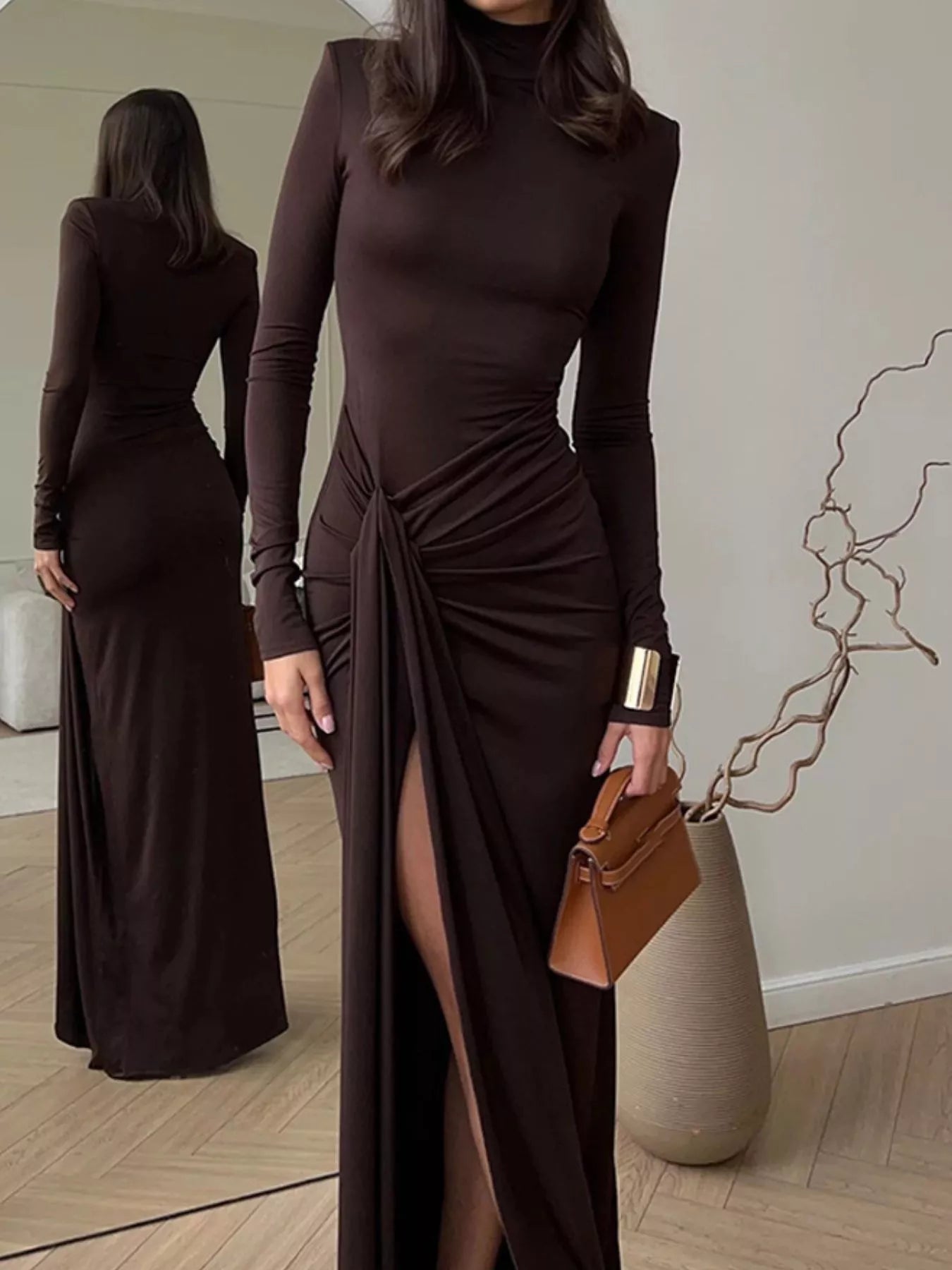 Turtleneck Long Sleeve Slit Maxi Dress.