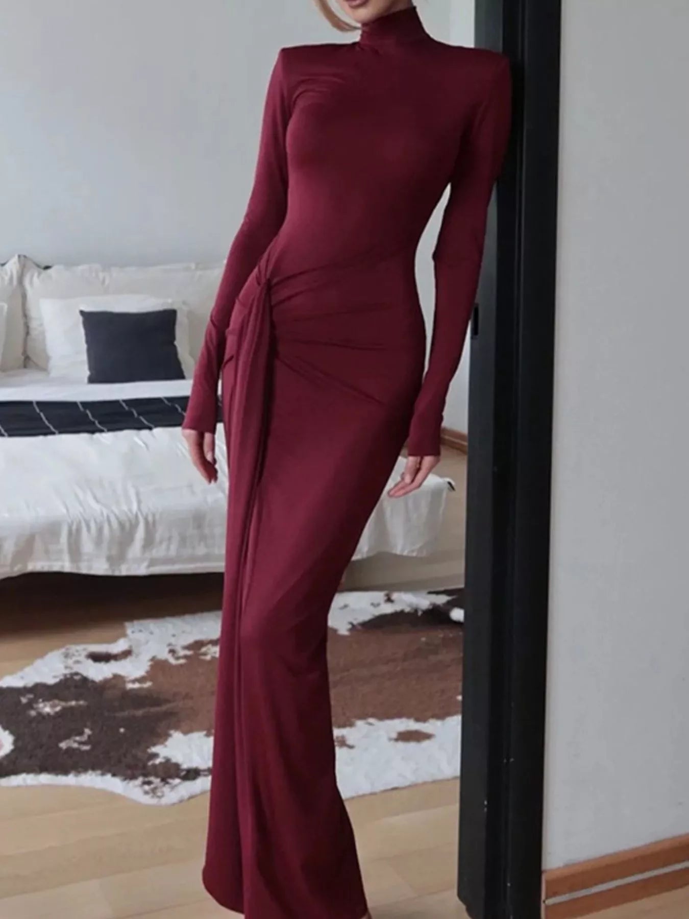 Turtleneck Long Sleeve Slit Maxi Dress.