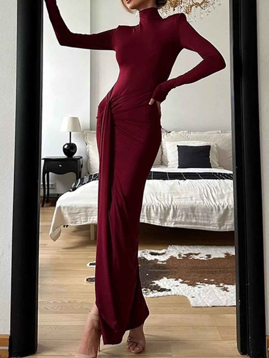 Turtleneck Long Sleeve Slit Maxi Dress.