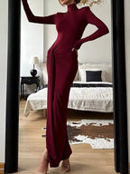 Turtleneck Long Sleeve Slit Maxi Dress.