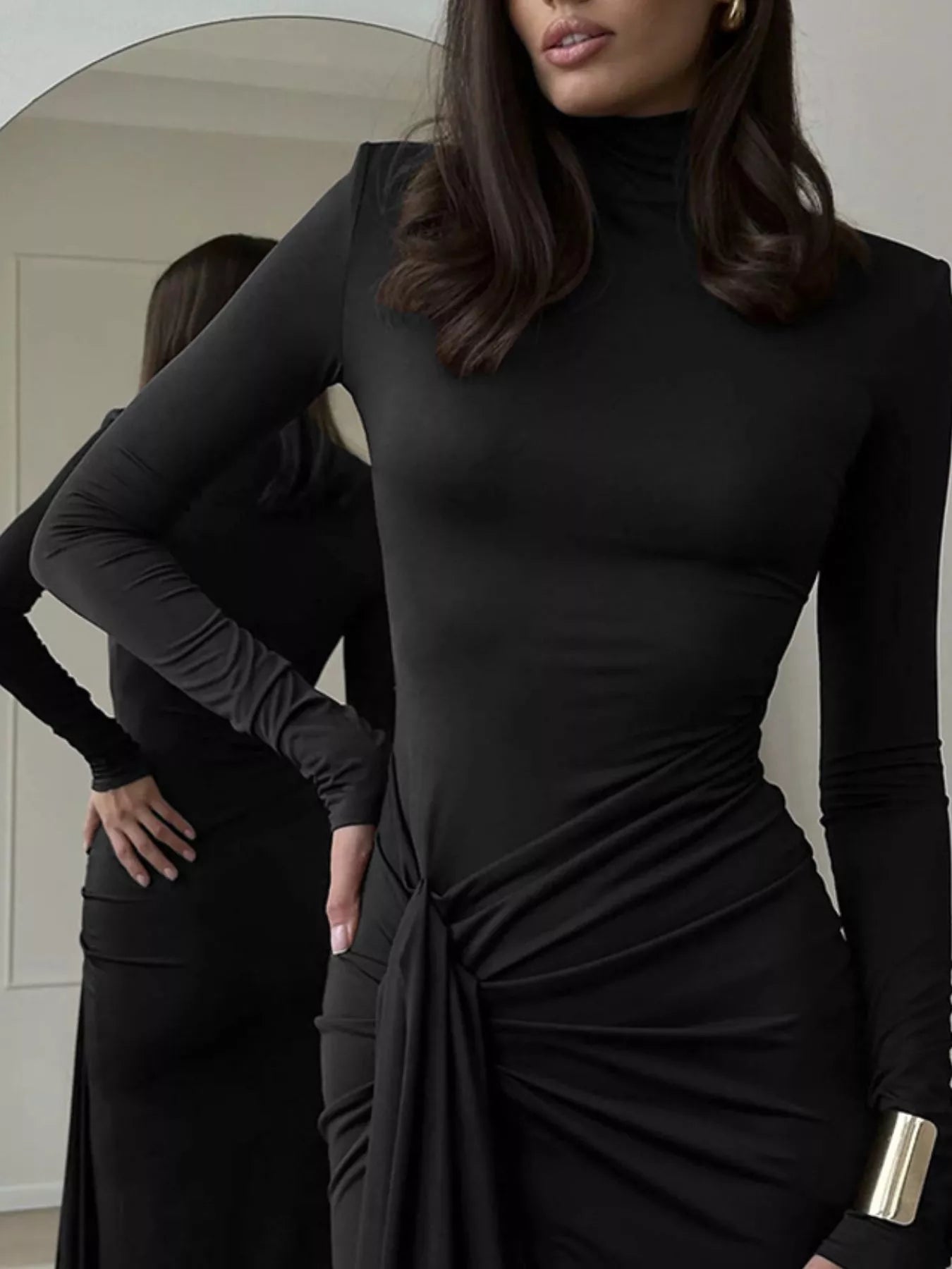 Turtleneck Long Sleeve Slit Maxi Dress.