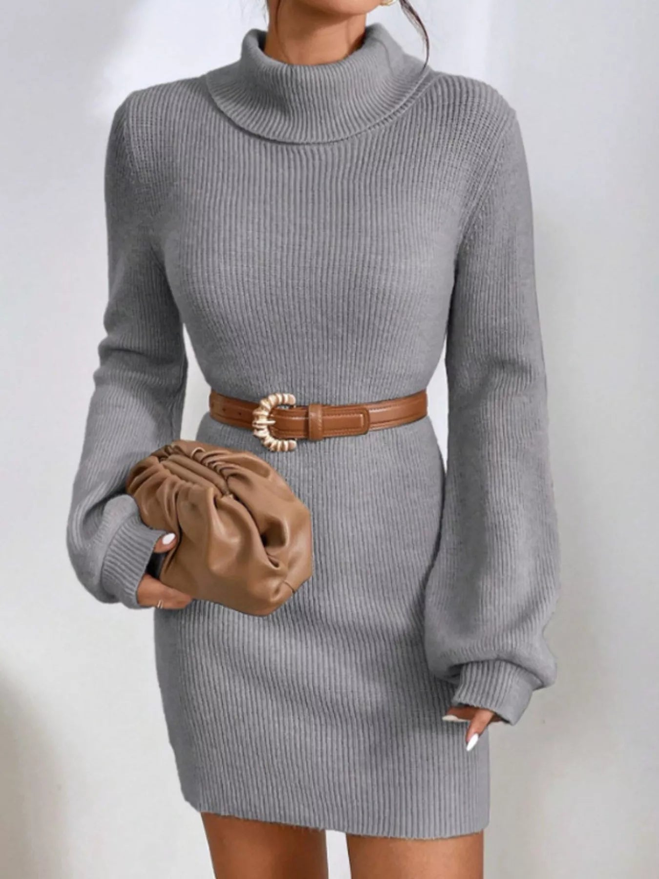 Turtleneck Ribbed Knit Sweater Dress.