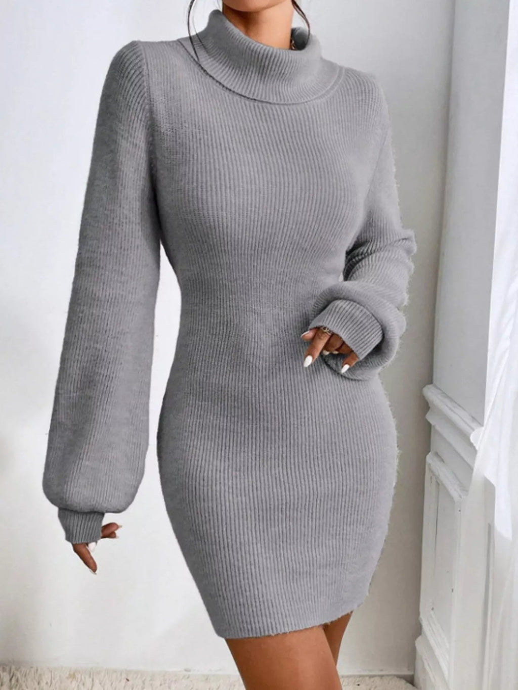 Turtleneck Ribbed Knit Sweater Dress.