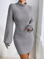 Turtleneck Ribbed Knit Sweater Dress.