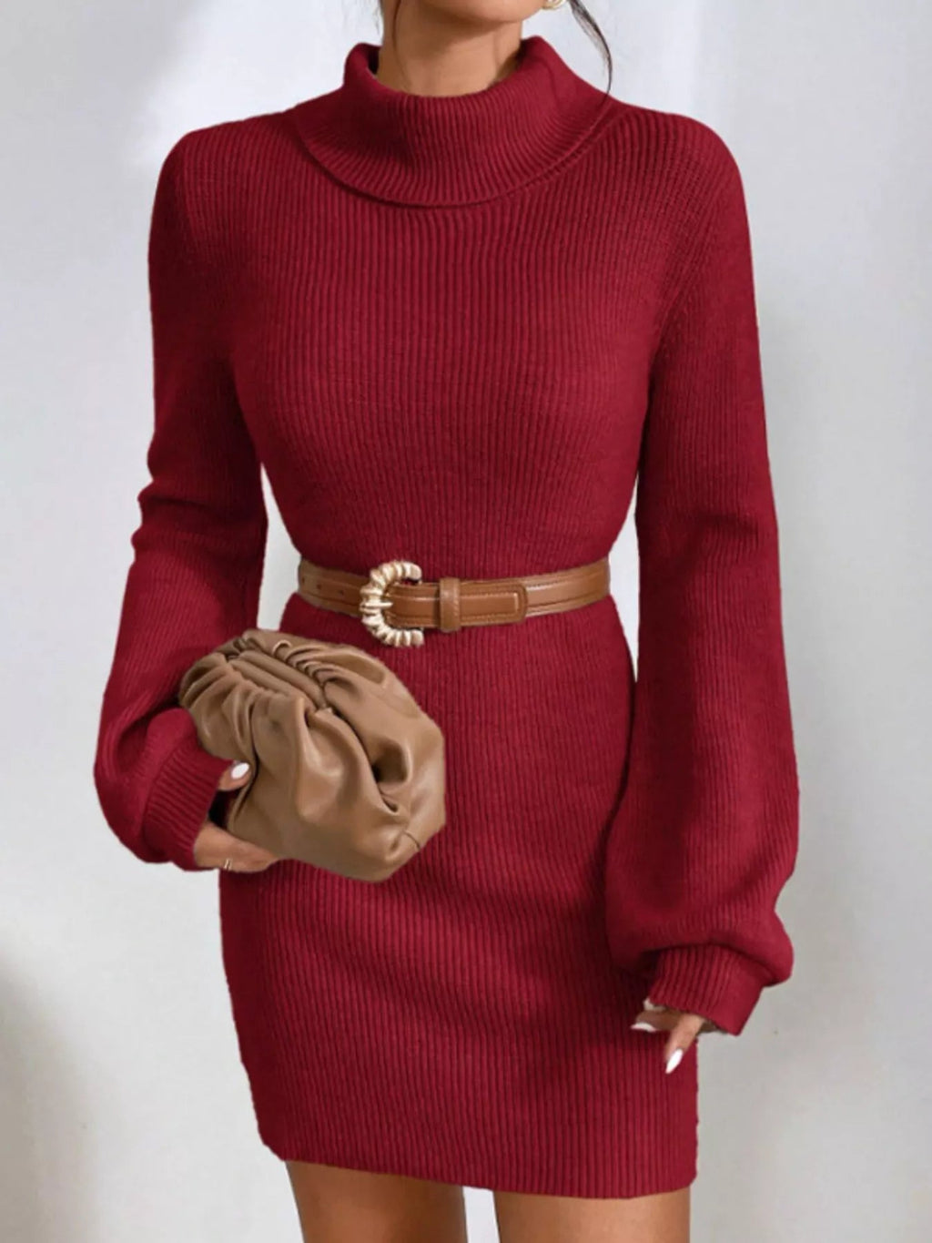 Turtleneck Ribbed Knit Sweater DressSweater Dress