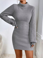 Turtleneck Ribbed Knit Sweater Dress.