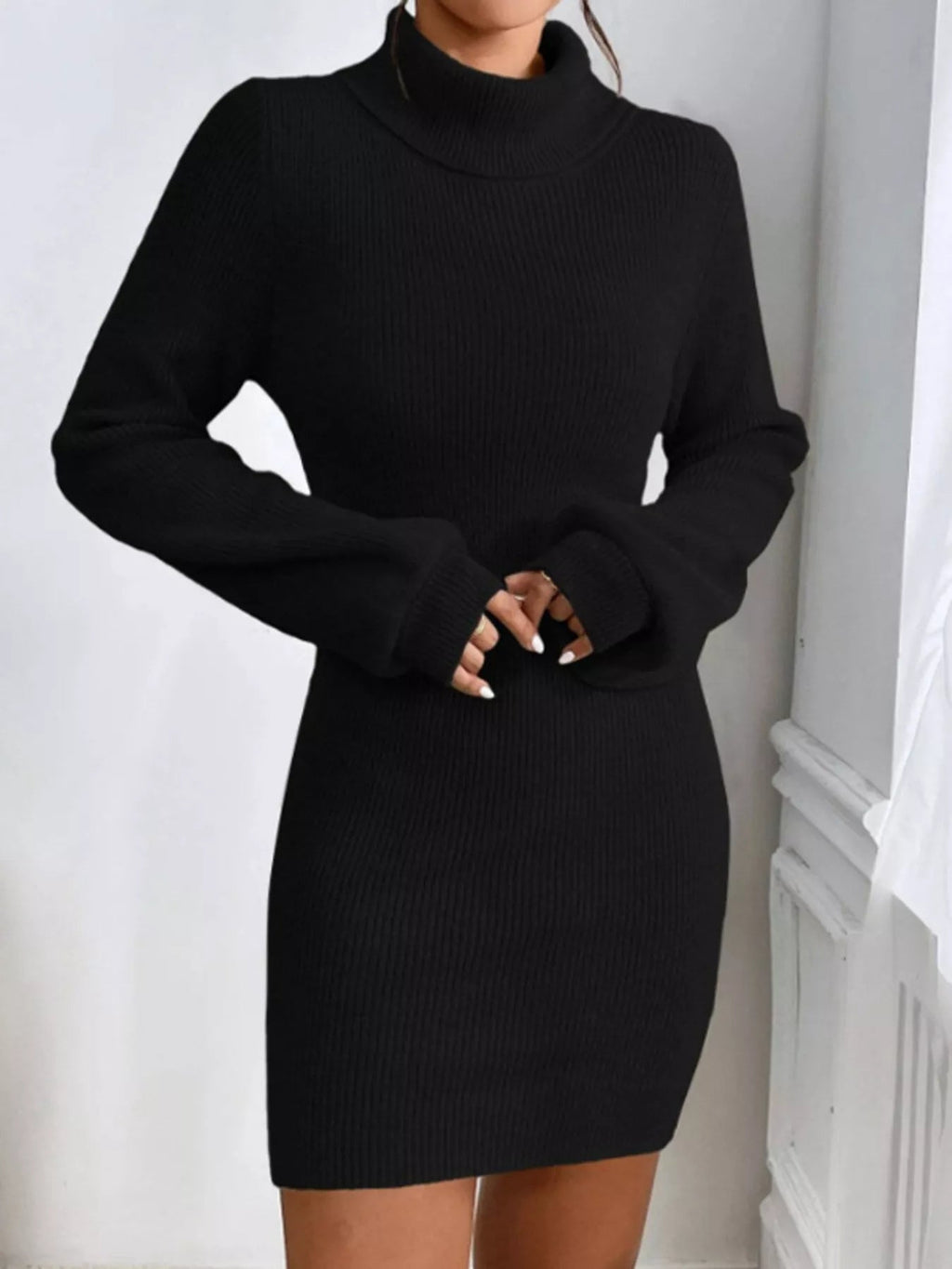 Turtleneck Ribbed Knit Sweater Dress.