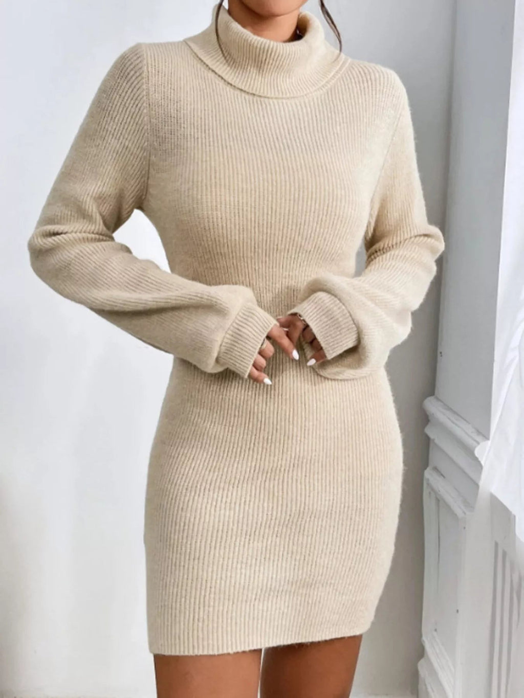 Turtleneck Ribbed Knit Sweater Dress.