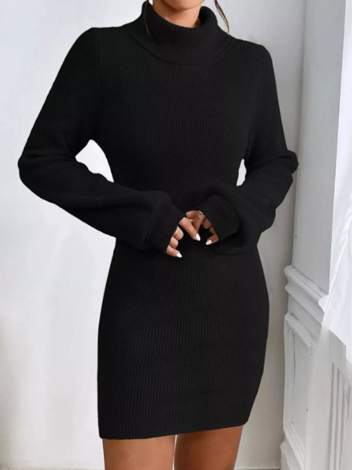 Turtleneck Ribbed Knit Sweater Dress.