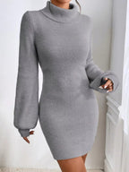 Turtleneck Ribbed Knit Sweater Dress.