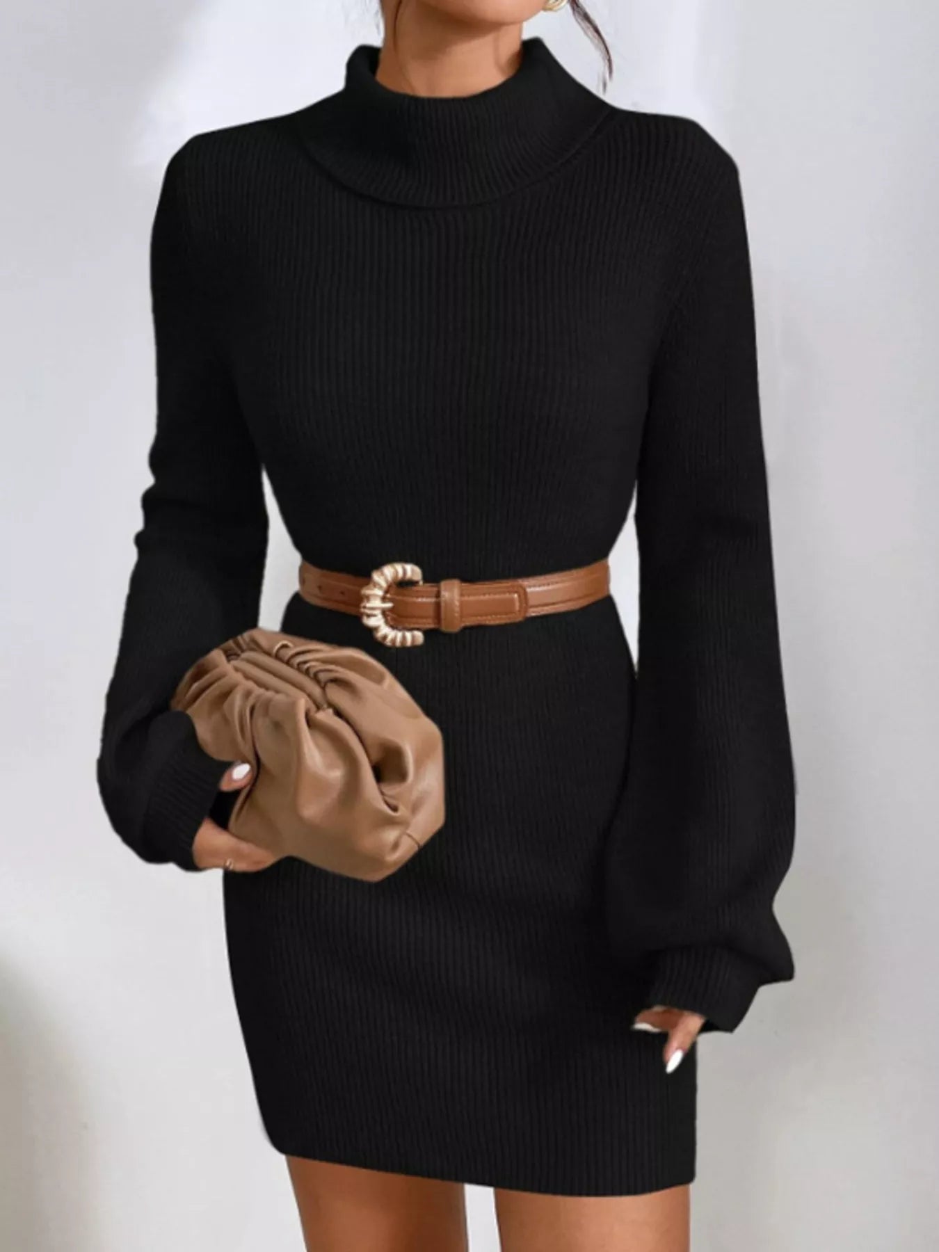 Turtleneck Ribbed Knit Sweater Dress.