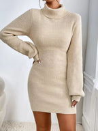 Turtleneck Ribbed Knit Sweater Dress.