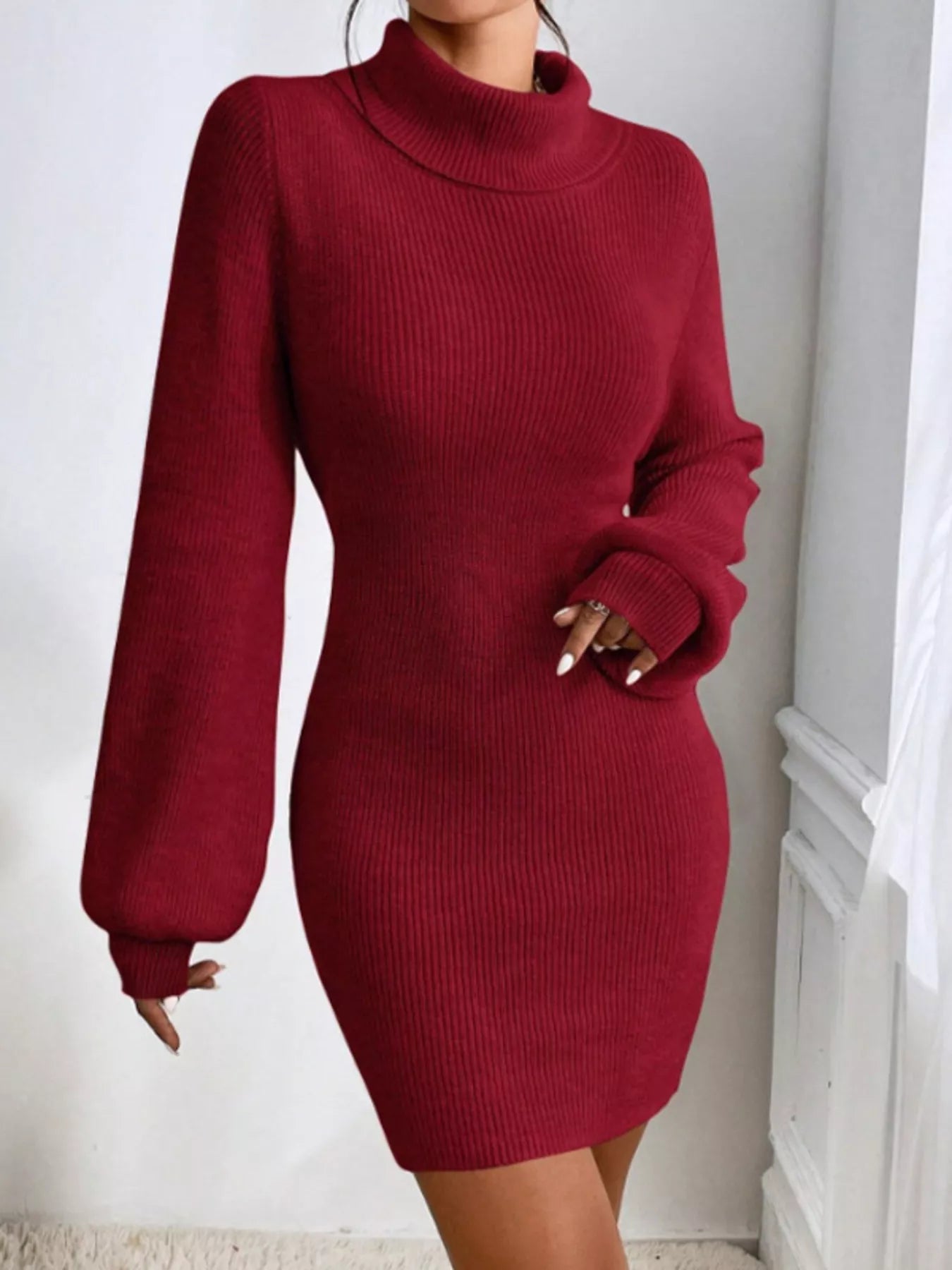 Turtleneck Ribbed Knit Sweater DressSweater Dress