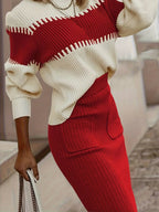 Two-Tone Ribbed Knit Top and Skirt Sweater Set.